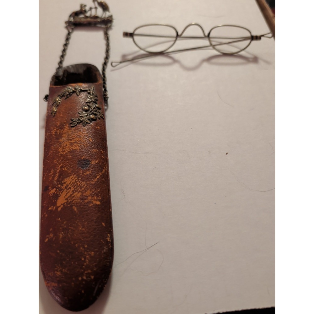 antique chatelaine eyeglass case With Eyeglasses.Fox & Stork Bronze? Victorian